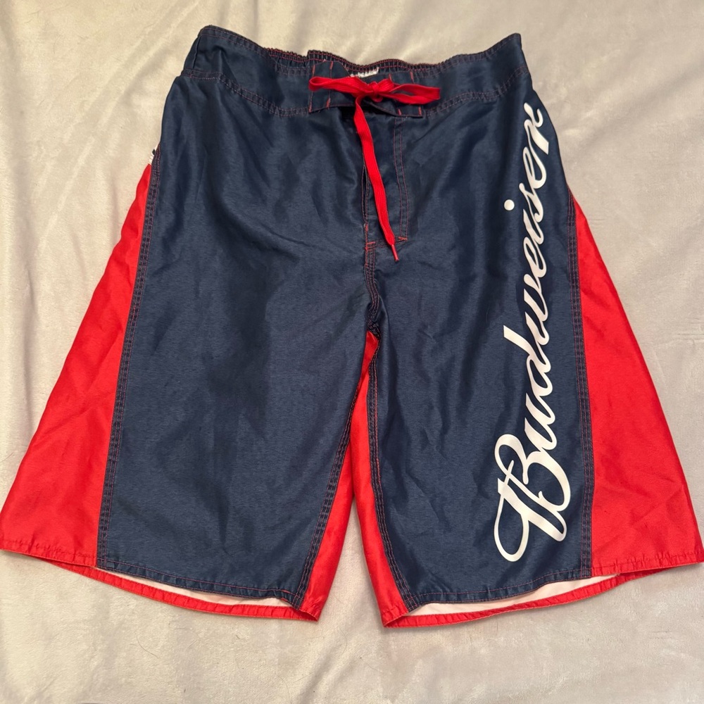 Budweiser Swim Trunks Board Shorts Red Blue Beer‎ Logo Mens Small Official 2013
